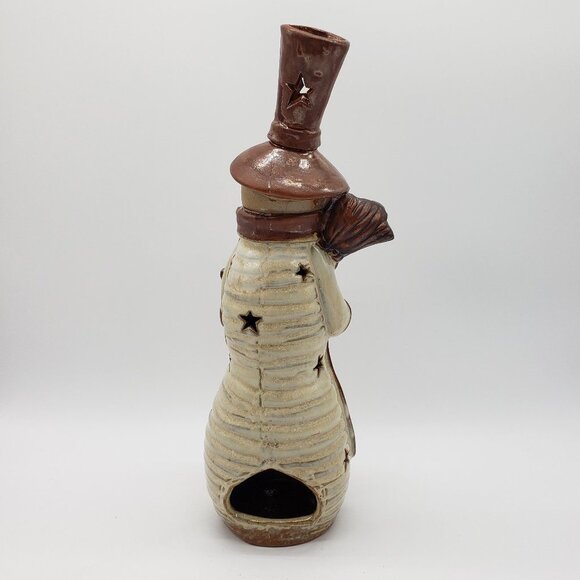 Stoneware Glazed 12" Brown Beige Country Snowman Star Cut Outs Tealight Holder - Picture 9 of 12